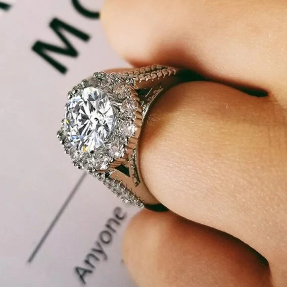 Sterling Silver halo round engagement ring - Picture 2 of 3